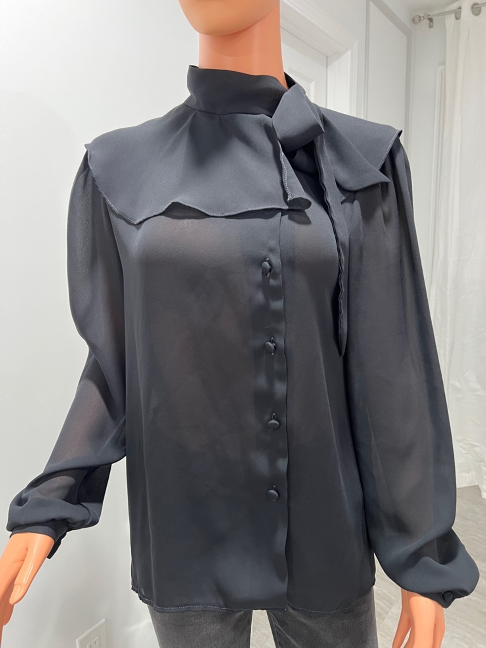 Sheer Tie-Neck Blouse in Black